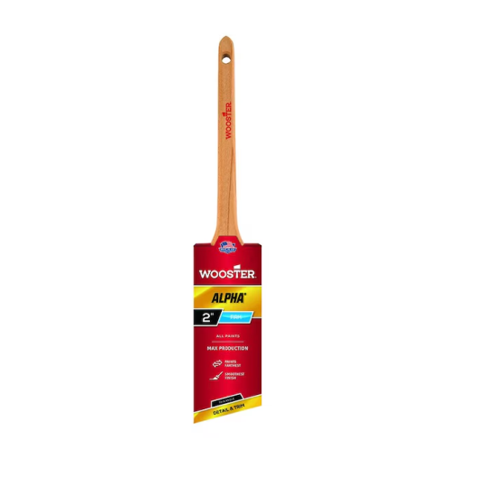 The WOOSTER Alpha Thin Angle Sash Paint Brush, ideal for professionals, has a 2-inch width, wooden handle, and angled bristles. Its red packaging makes it suitable for all paints and ensures precise coverage.